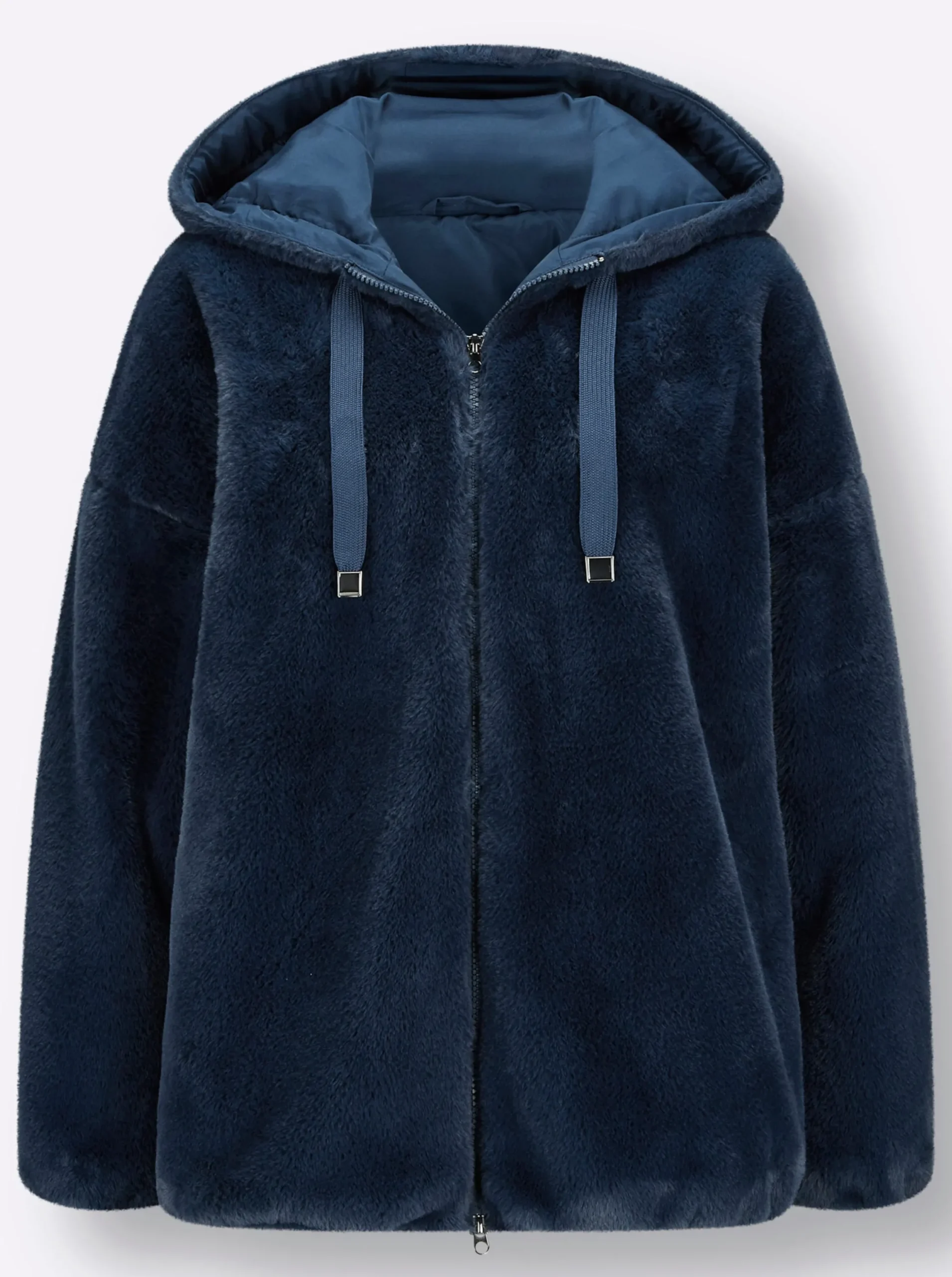 Jacken| Fellimitatjacke mit Gummizug an Ärmeln und Saum dunkelblau