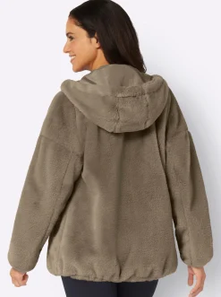 Jacken| Fellimitatjacke mit Gummizug an Ärmeln und Saum schlamm