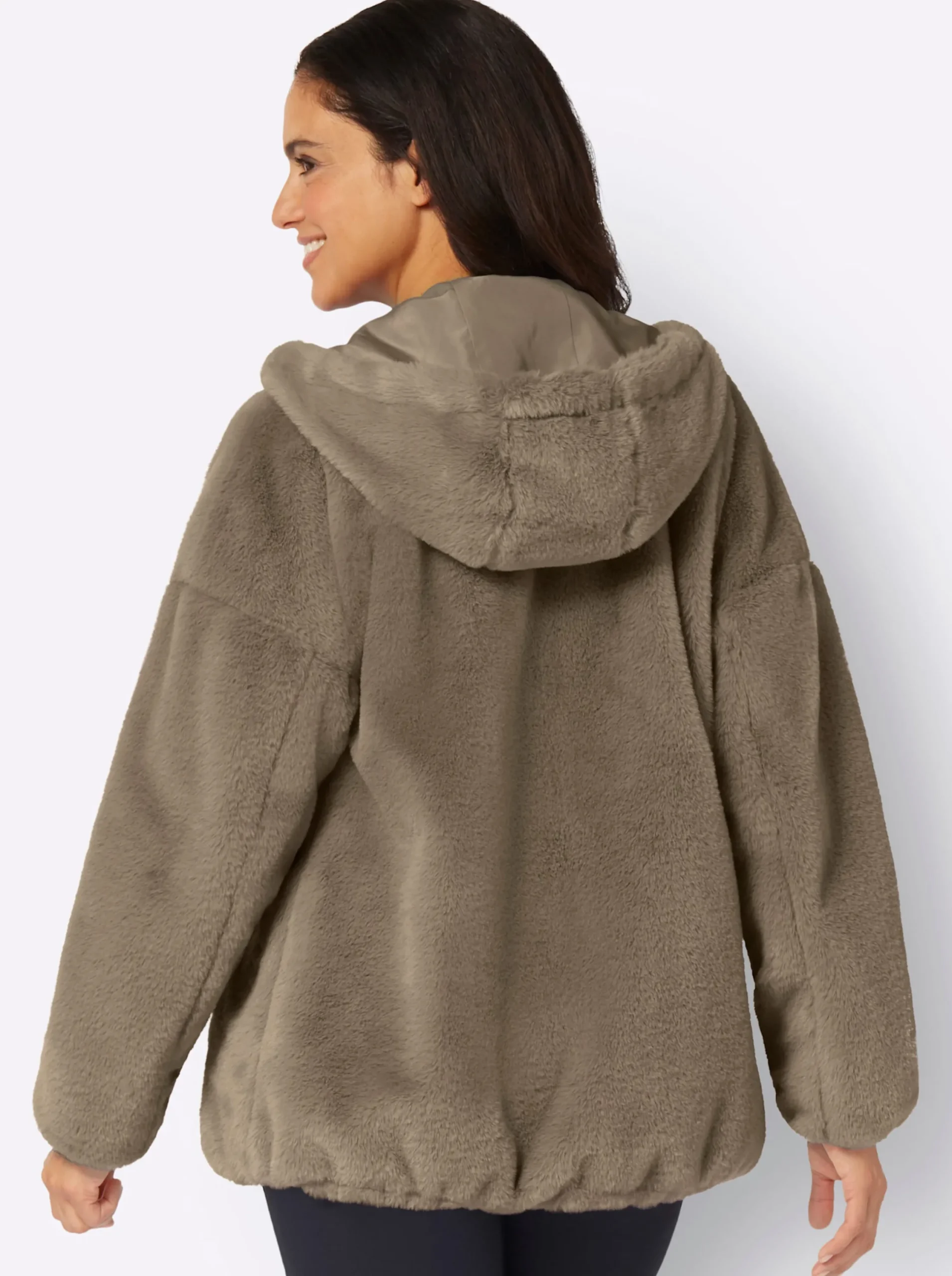 Jacken| Fellimitatjacke mit Gummizug an Ärmeln und Saum schlamm
