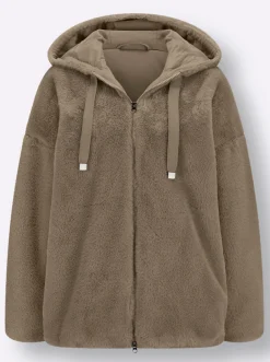 Jacken| Fellimitatjacke mit Gummizug an Ärmeln und Saum schlamm