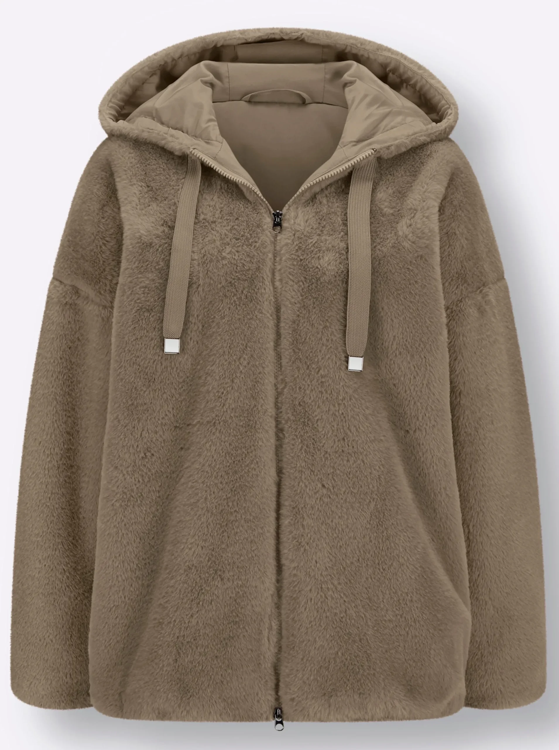 Jacken| Fellimitatjacke mit Gummizug an Ärmeln und Saum schlamm
