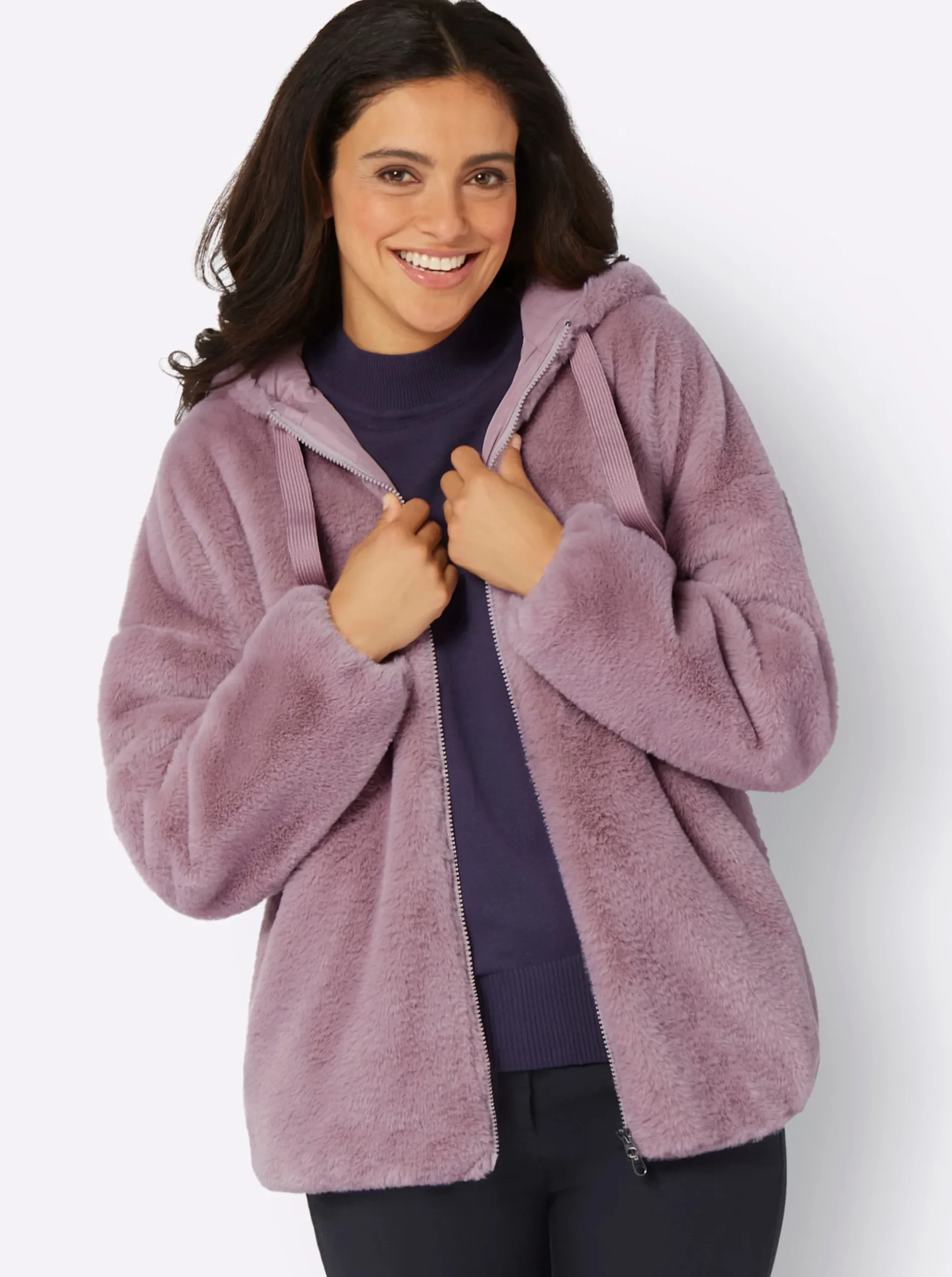Jacken| Fellimitatjacke mit Gummizug an Ärmeln und Saum mauve