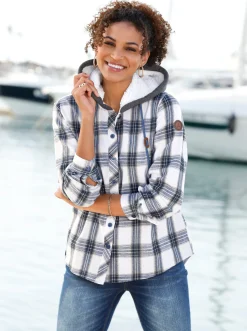Blusen| Flanellbluse weiß-dunkelblau-kariert
