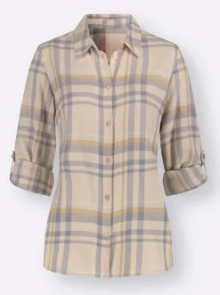 Blusen| Flanellbluse mit krempelbaren Ärmeln camel-steingrau-kariert