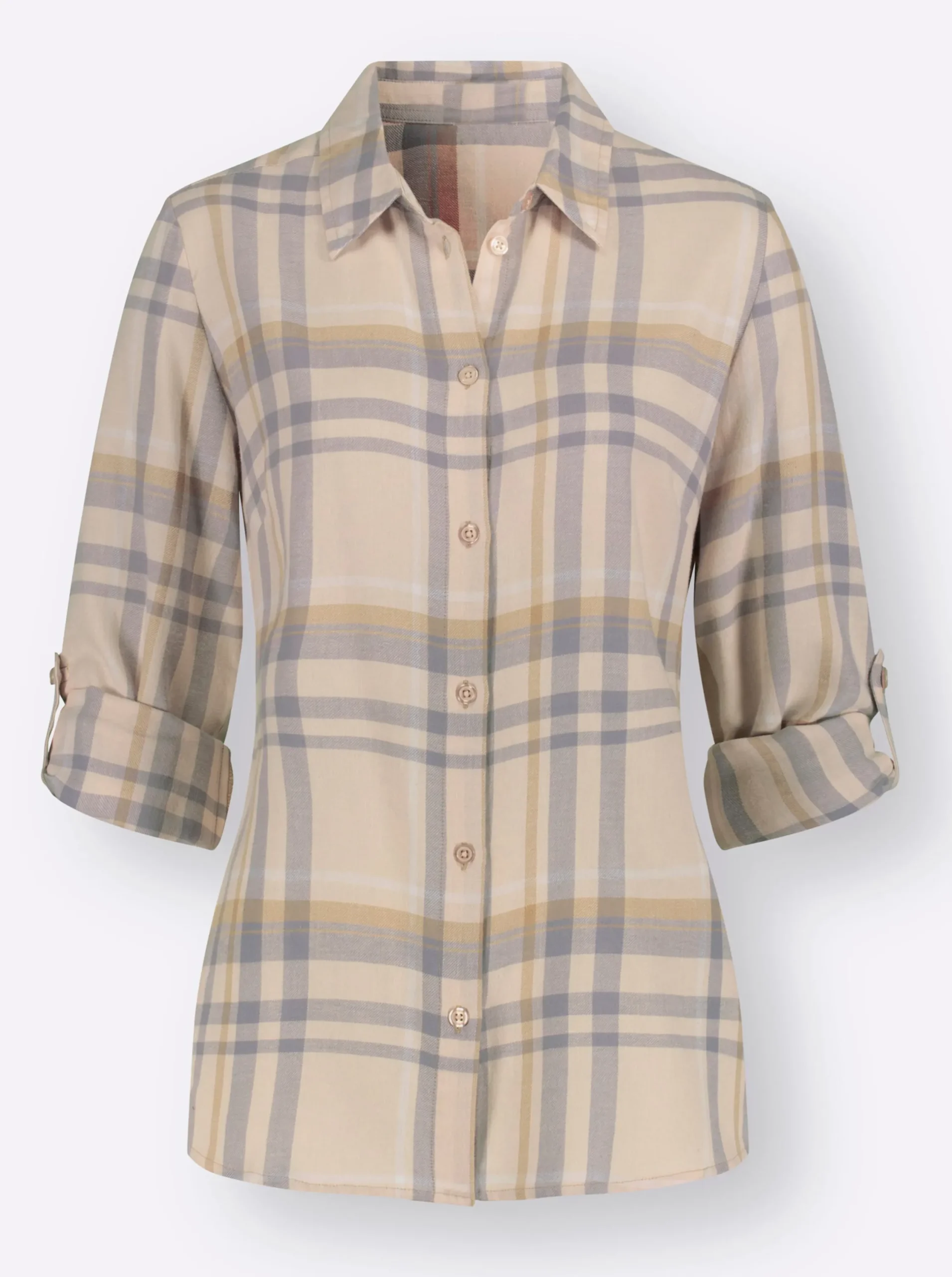 Blusen| Flanellbluse mit krempelbaren Ärmeln camel-steingrau-kariert