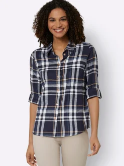 Blusen| Flanellbluse mit krempelbaren Ärmeln marine-camel-kariert