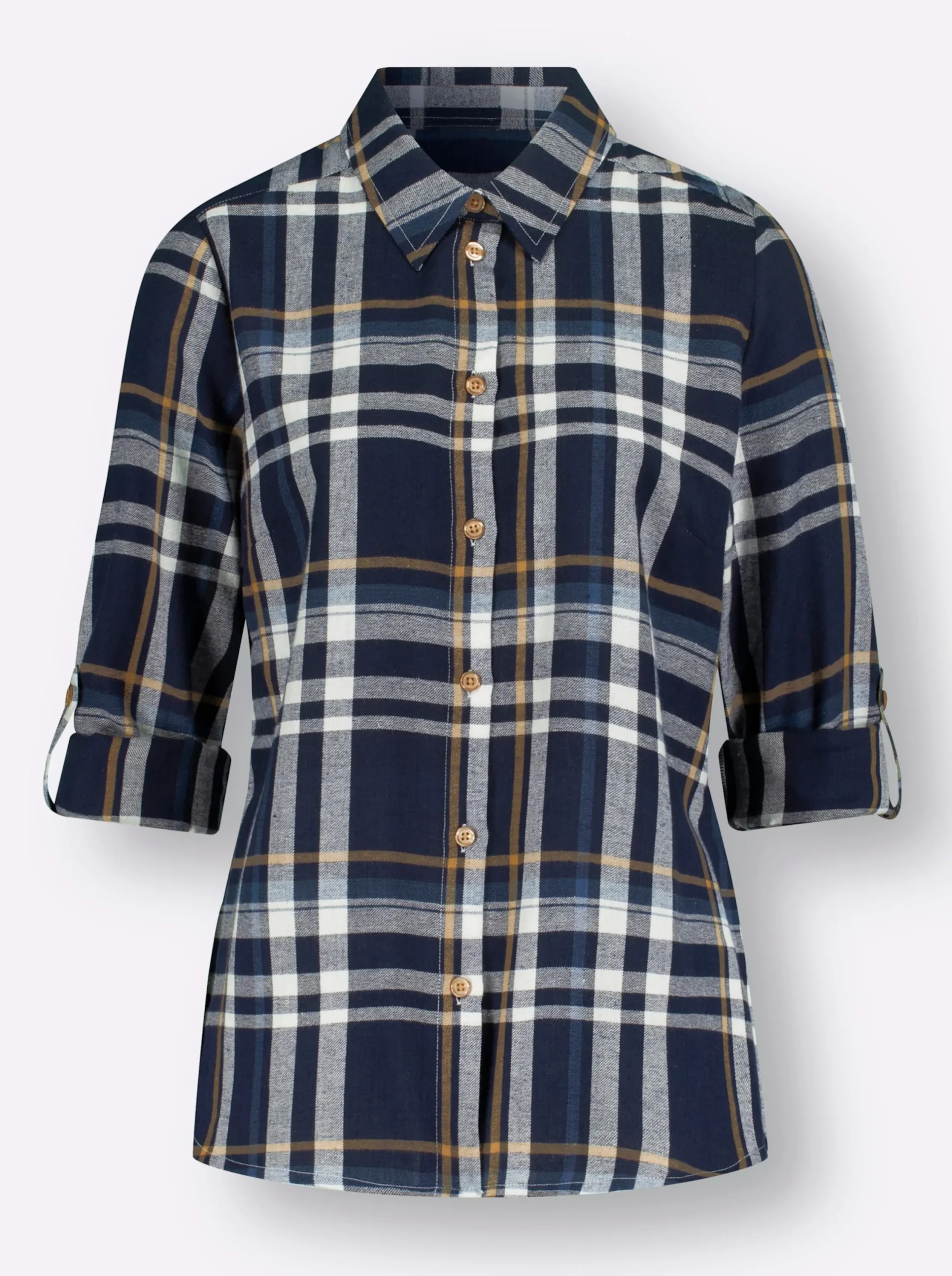 Blusen| Flanellbluse mit krempelbaren Ärmeln marine-camel-kariert
