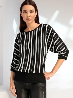 Pullover|heine Fledermauspullover mit Ziernieten schwarz-ecru-gestreift