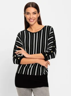 Pullover|heine Fledermauspullover mit Ziernieten schwarz-ecru-gestreift