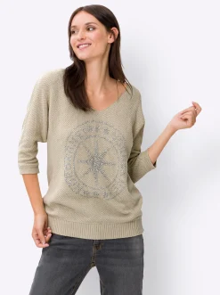Pullover|heine Fledermauspullover mit Ziersteinchen sand-meliert