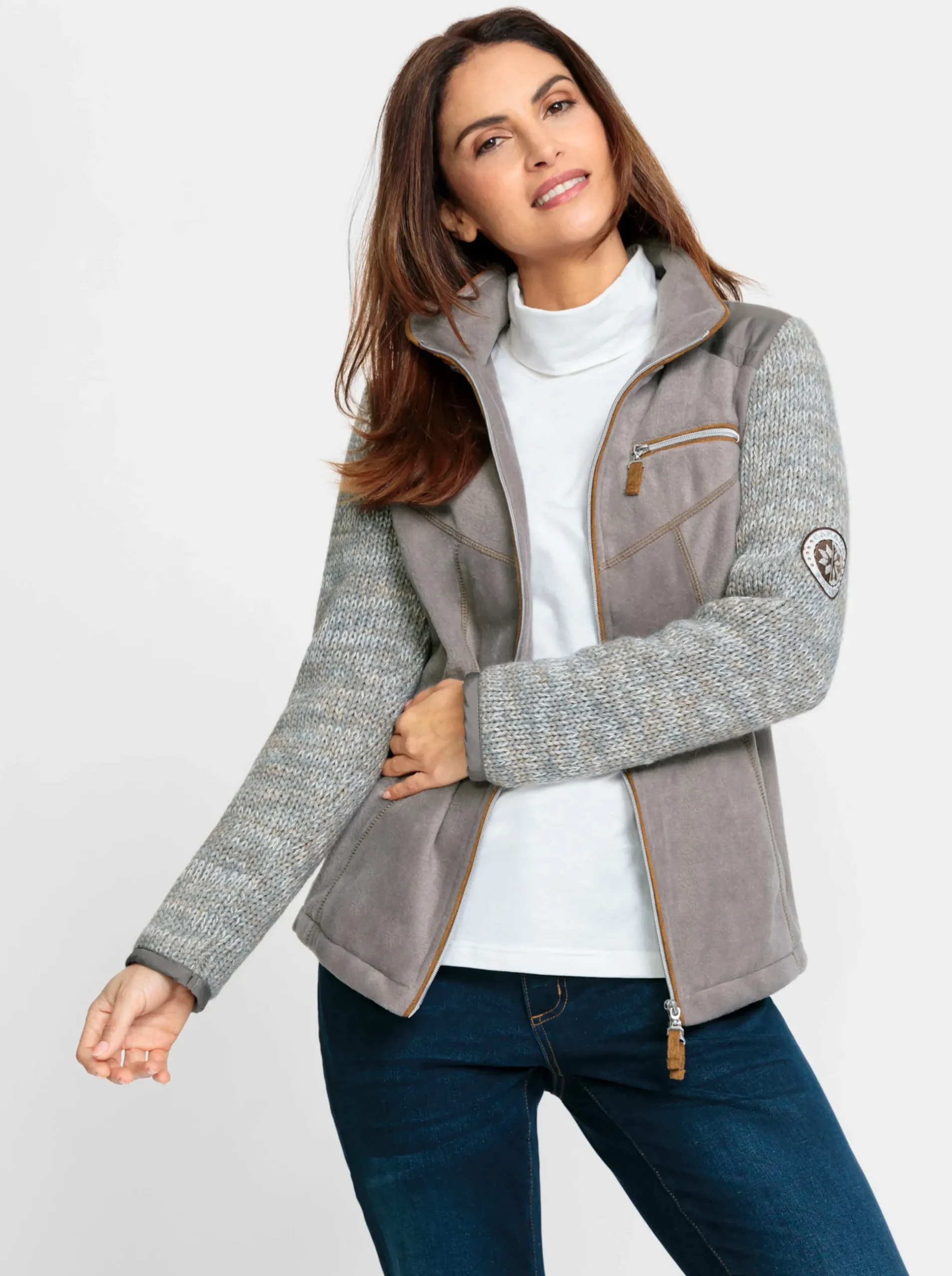 Jacken| Fleecejacke im Mix aus Fleece und Strick taupe-ecru-meliert