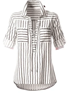 Shirts| Gestreifte Bluse mit Schnürung am Ausschnitt taupe-weiß-gestreift