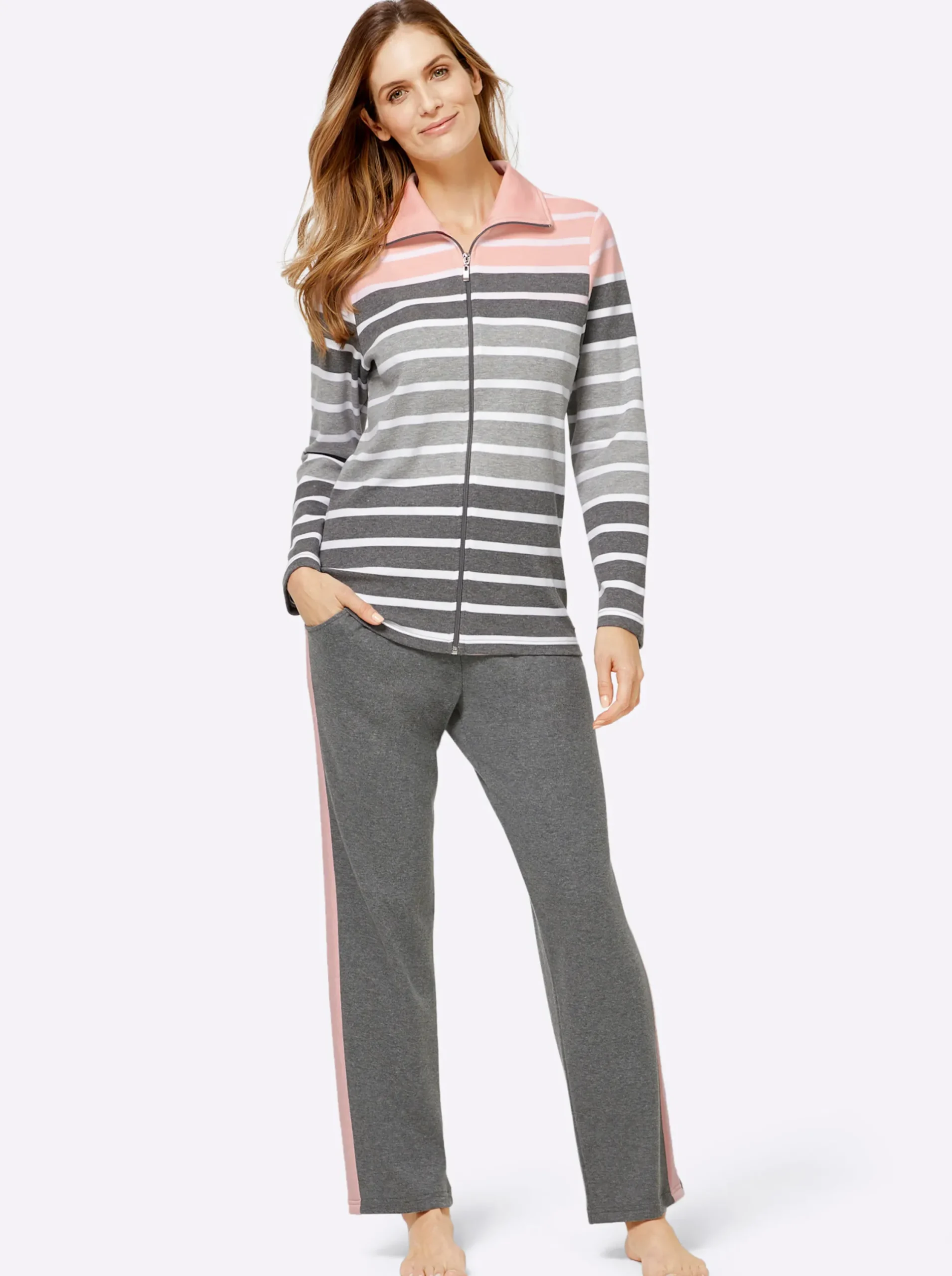 Homewear|feel good Hausanzug in Interlock-Qualität grau-rosé