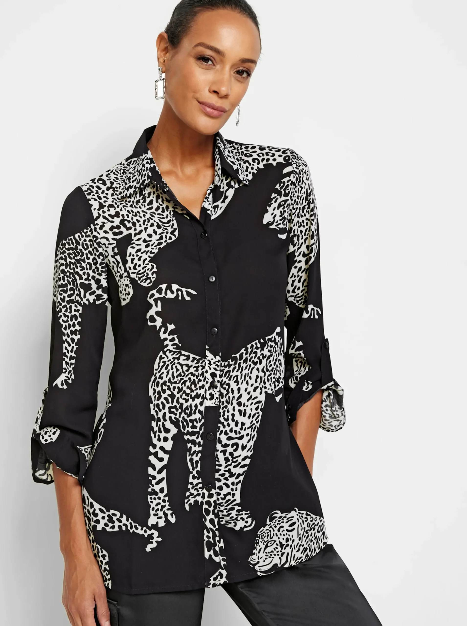 Blusen| Hemdbluse schwarz-ecru-gemustert