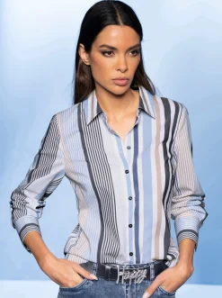 Blusen|heine Hemdbluse im Streifen-Dessin beige-marine-gestreift