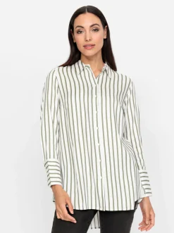 Blusen|heine Hemdbluse in Longform weiß-khaki-gestreift