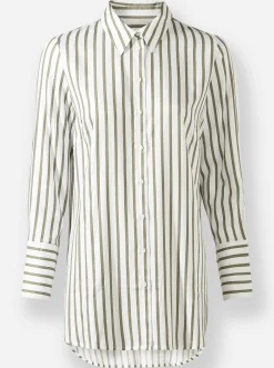 Blusen|heine Hemdbluse in Longform weiß-khaki-gestreift