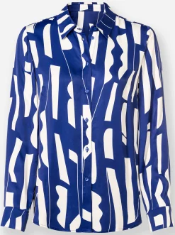 Blusen|heine Hemdbluse mit Grafik-Dessin royalblau-ecru-bedruckt