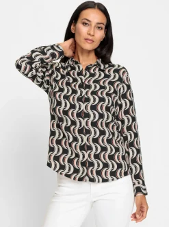 Blusen|heine Hemdbluse mit Langarm schwarz-sand-bedruckt