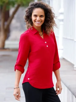 Blusen| Hemdbluse mit Zierknöpfen rot