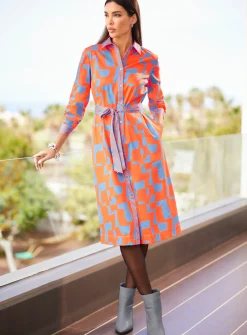Kleider|heine Hemdblusenkleid mit Bindegürtel orange-bleu-bedruckt