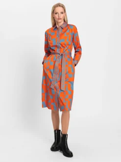Kleider|heine Hemdblusenkleid mit Bindegürtel orange-bleu-bedruckt