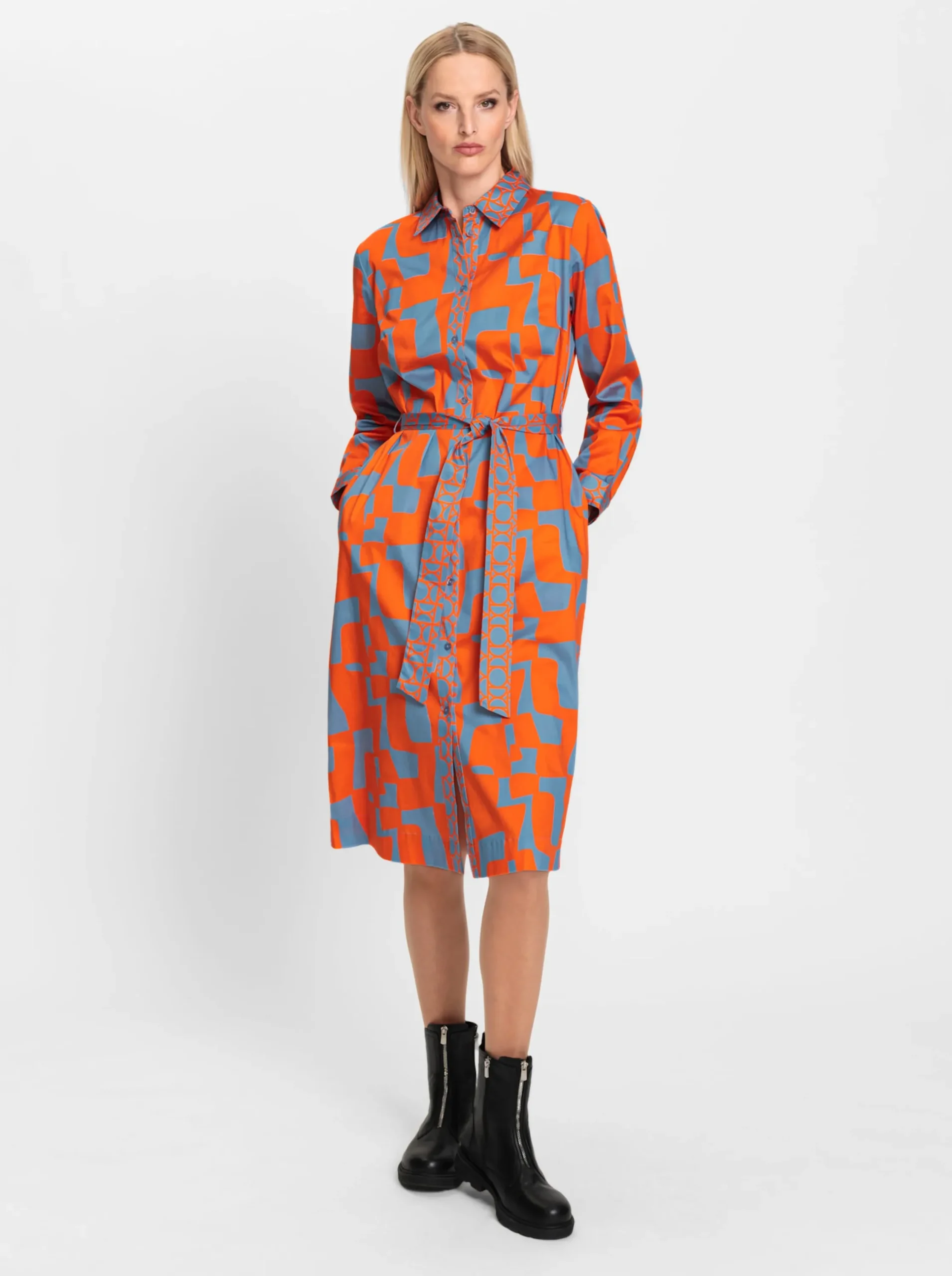 Kleider|heine Hemdblusenkleid mit Bindegürtel orange-bleu-bedruckt
