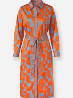 Kleider|heine Hemdblusenkleid mit Bindegürtel orange-bleu-bedruckt