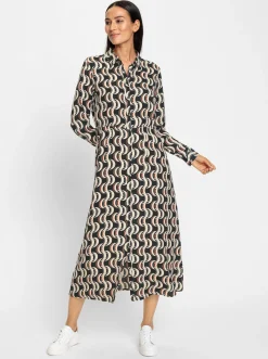 Kleider|heine Hemdblusenkleid mit Gummizug in der Taille schwarz-sand-bedruckt