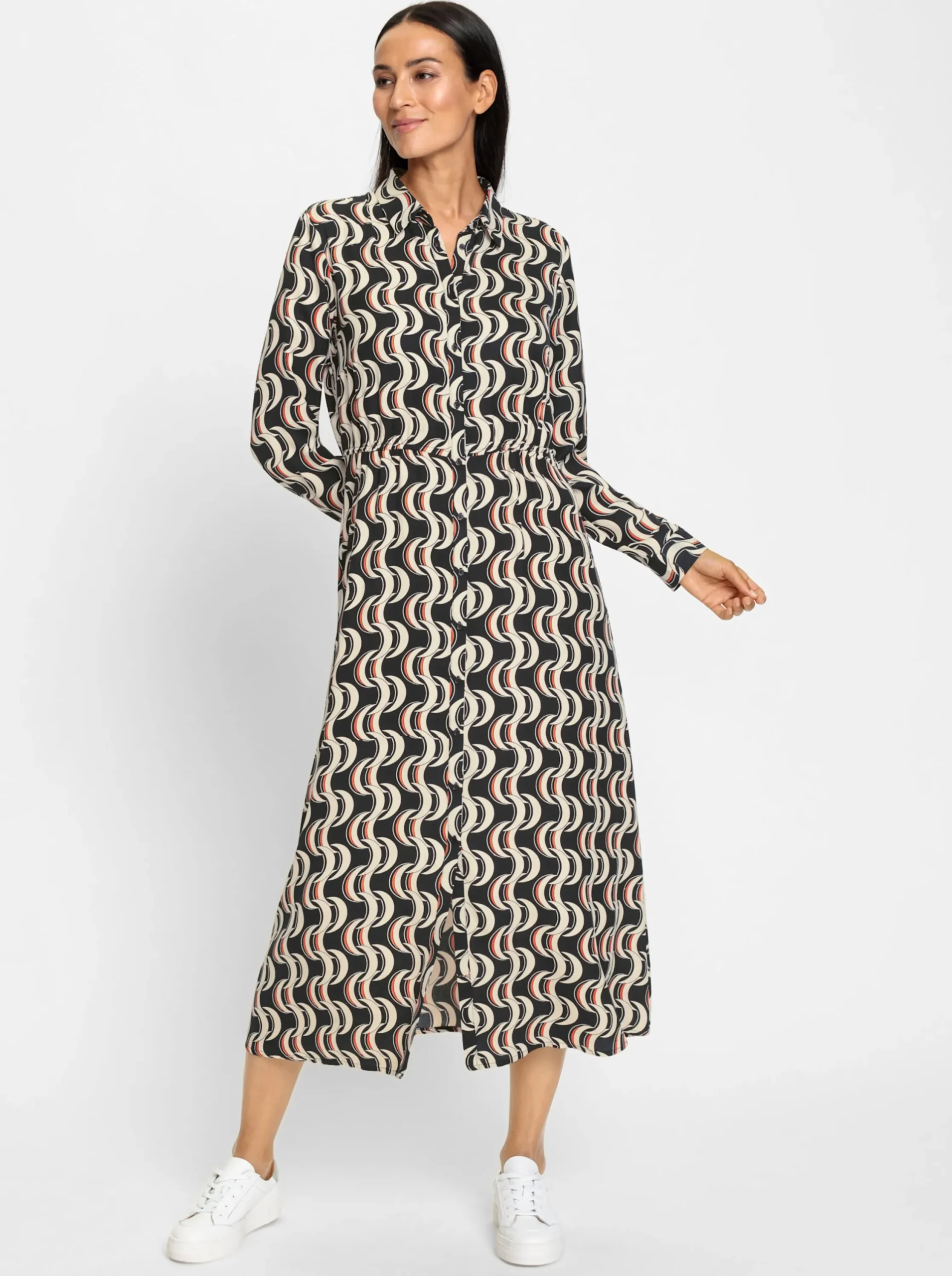 Kleider|heine Hemdblusenkleid mit Gummizug in der Taille schwarz-sand-bedruckt