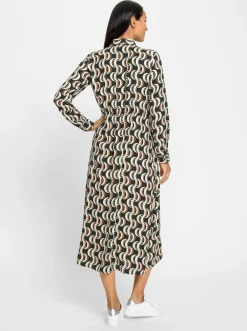 Kleider|heine Hemdblusenkleid mit Gummizug in der Taille schwarz-sand-bedruckt