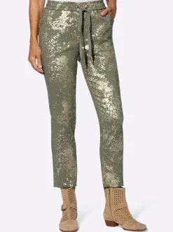 Hosen| Hose mit goldfarbenem Druck khaki
