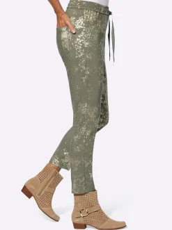 Hosen| Hose mit goldfarbenem Druck khaki