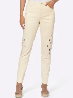 Jeans|heine Hose mit Spitzeneinsatz, seitlich sand