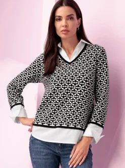 Pullover|heine 2-in-1-Pullover Mit Blusen-Einsatz schwarz-ecru-gemustert
