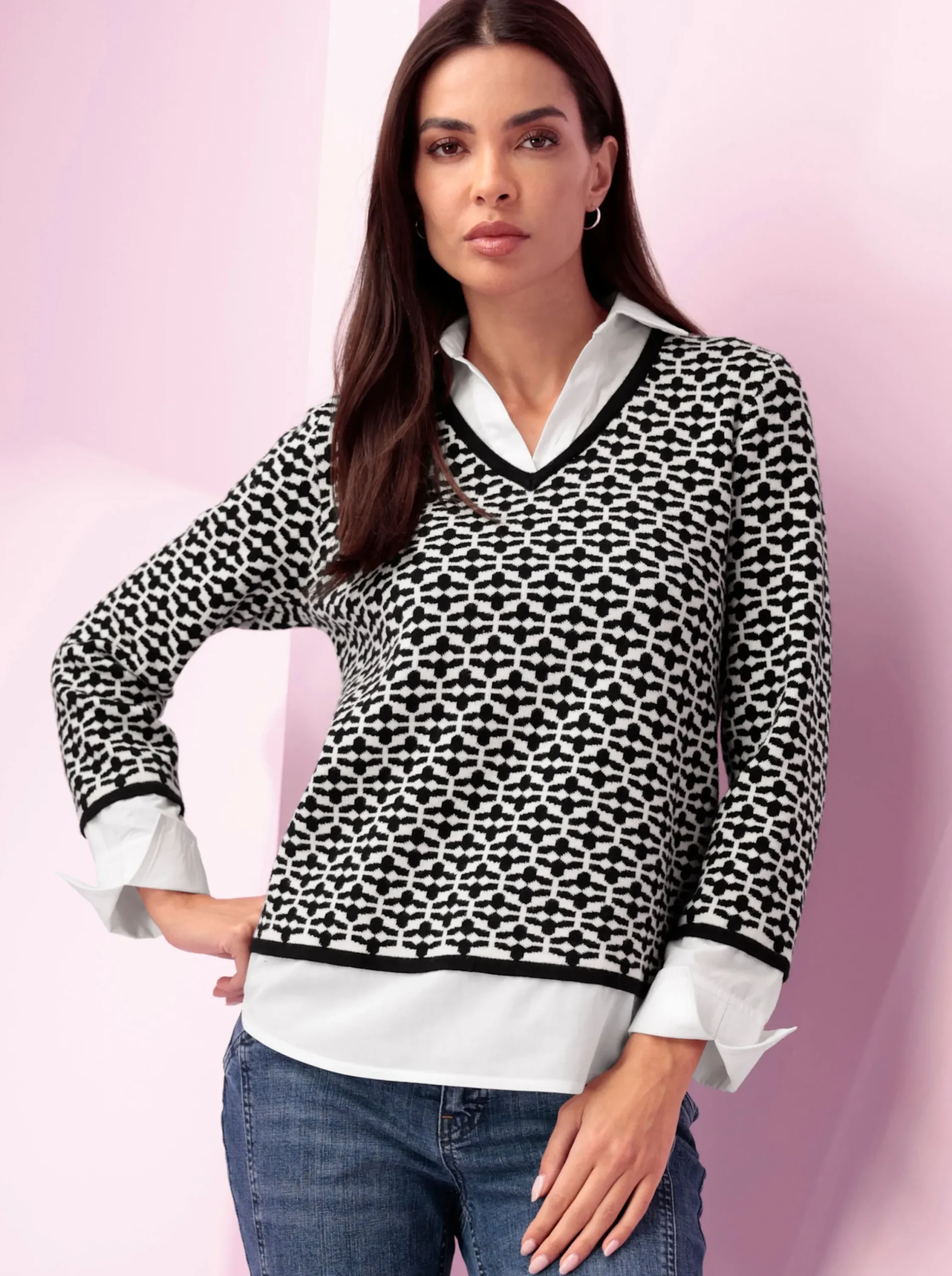Pullover|heine 2-in-1-Pullover Mit Blusen-Einsatz schwarz-ecru-gemustert