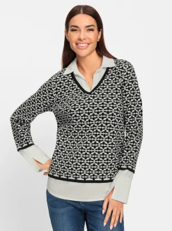 Pullover|heine 2-in-1-Pullover Mit Blusen-Einsatz schwarz-ecru-gemustert