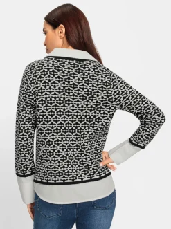 Pullover|heine 2-in-1-Pullover Mit Blusen-Einsatz schwarz-ecru-gemustert