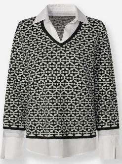 Pullover|heine 2-in-1-Pullover Mit Blusen-Einsatz schwarz-ecru-gemustert