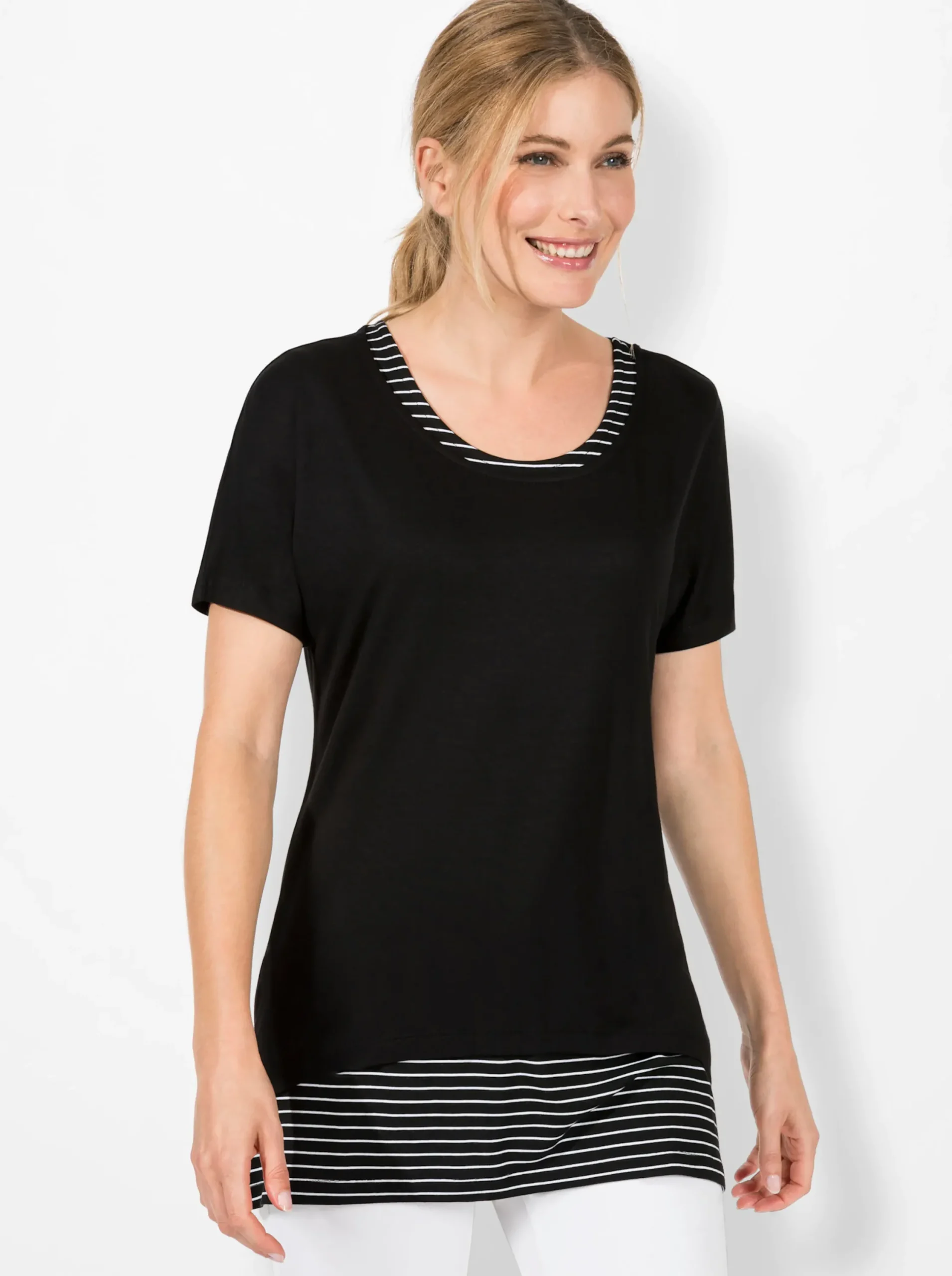 Strandmode| 2-in-1-Shirt mit Ringel-Top schwarz