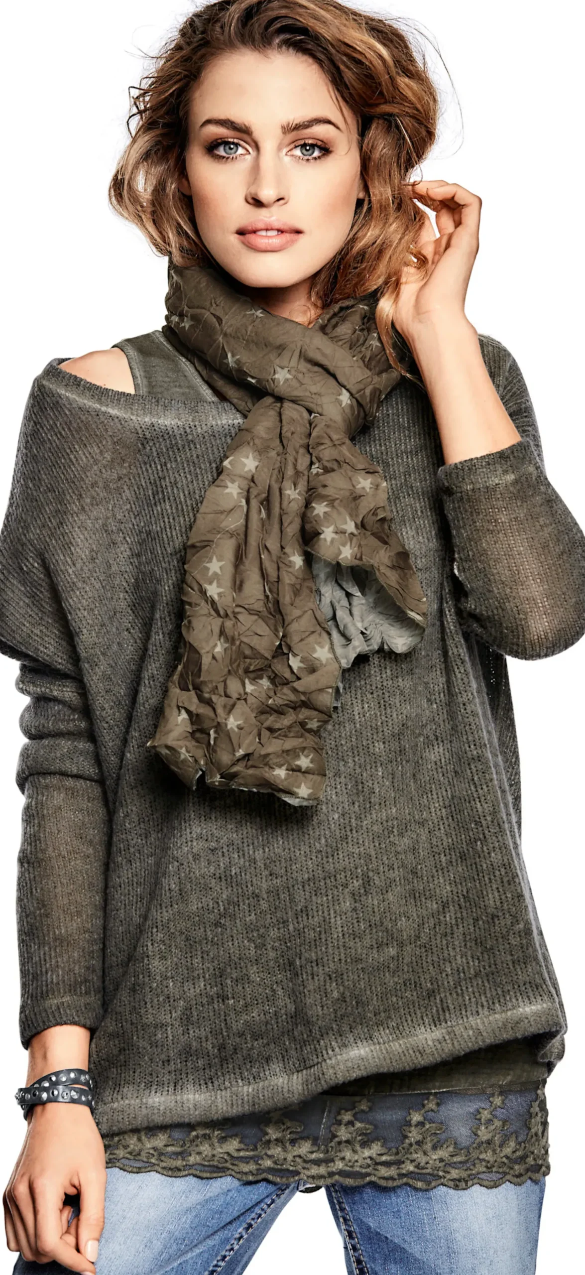 Shirts|heine 2-in-1-Shirt mit Schal khaki