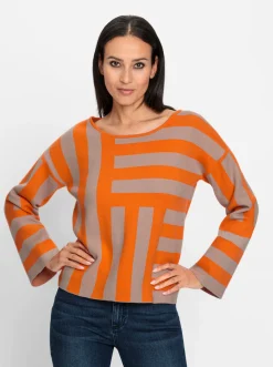 Pullover|heine Jacquard-Pullover mit Blockstreifen-Muster beige-orange-gemustert