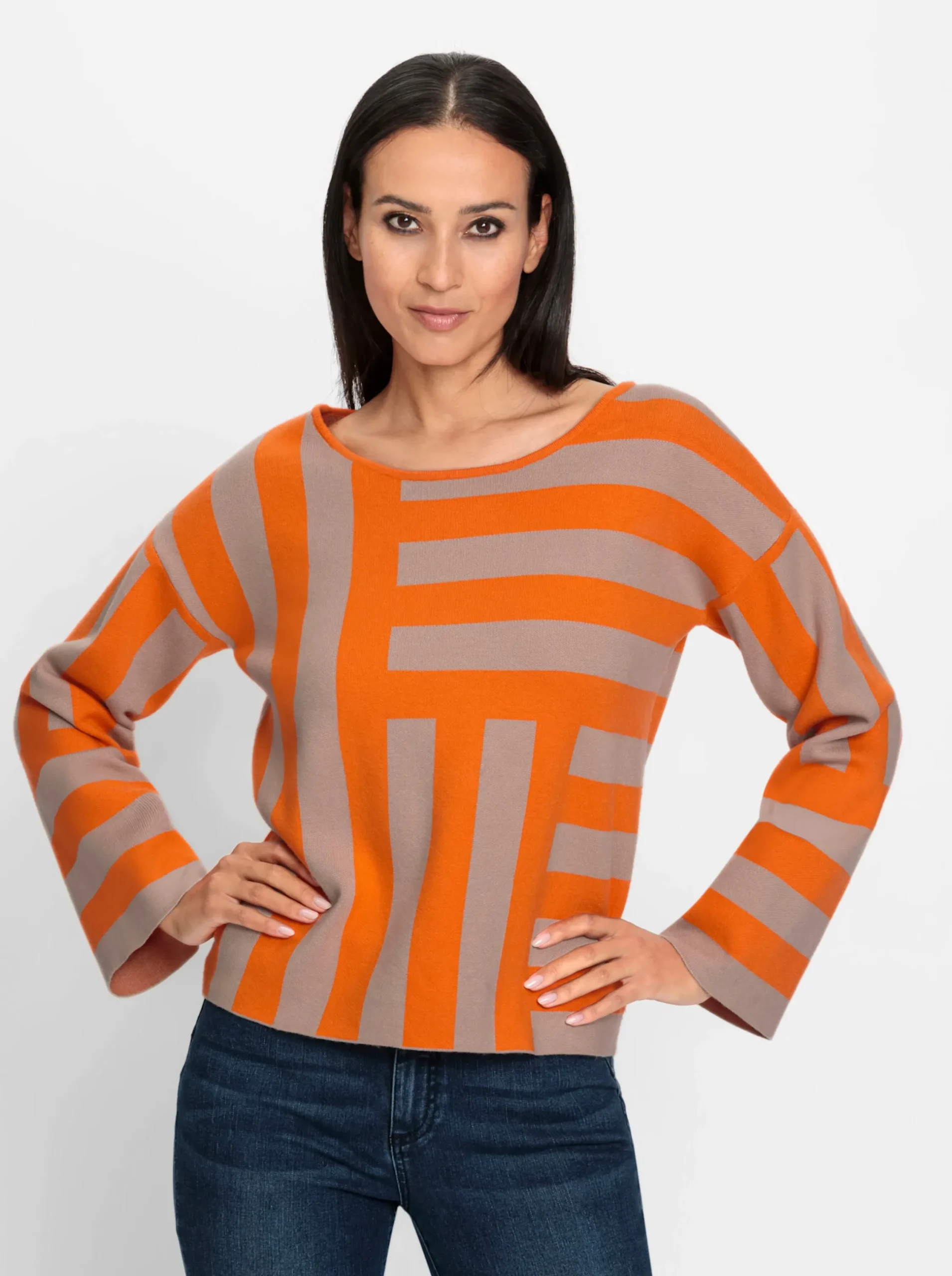 Pullover|heine Jacquard-Pullover mit Blockstreifen-Muster beige-orange-gemustert