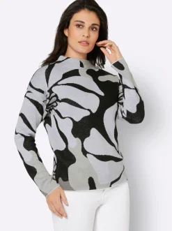 Pullover| Jacquard-Pullover mit Glitzergarn, floral schwarz-ecru-gemustert