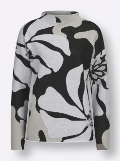 Pullover| Jacquard-Pullover mit Glitzergarn, floral schwarz-ecru-gemustert