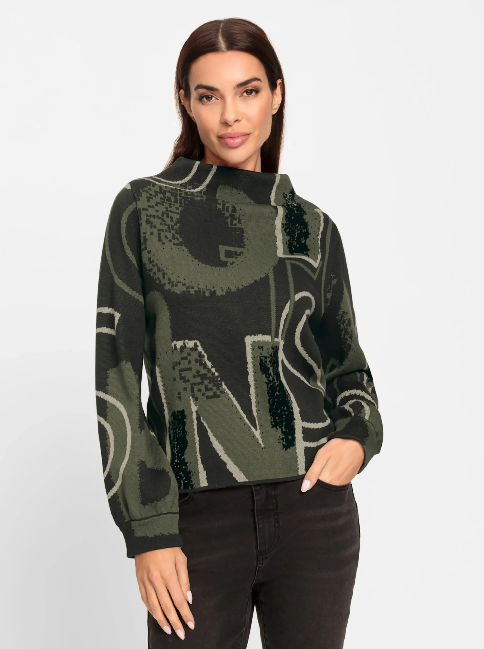Pullover|heine Jacquard-Pullover mit Glitzersteinchen sand-khaki-gemustert