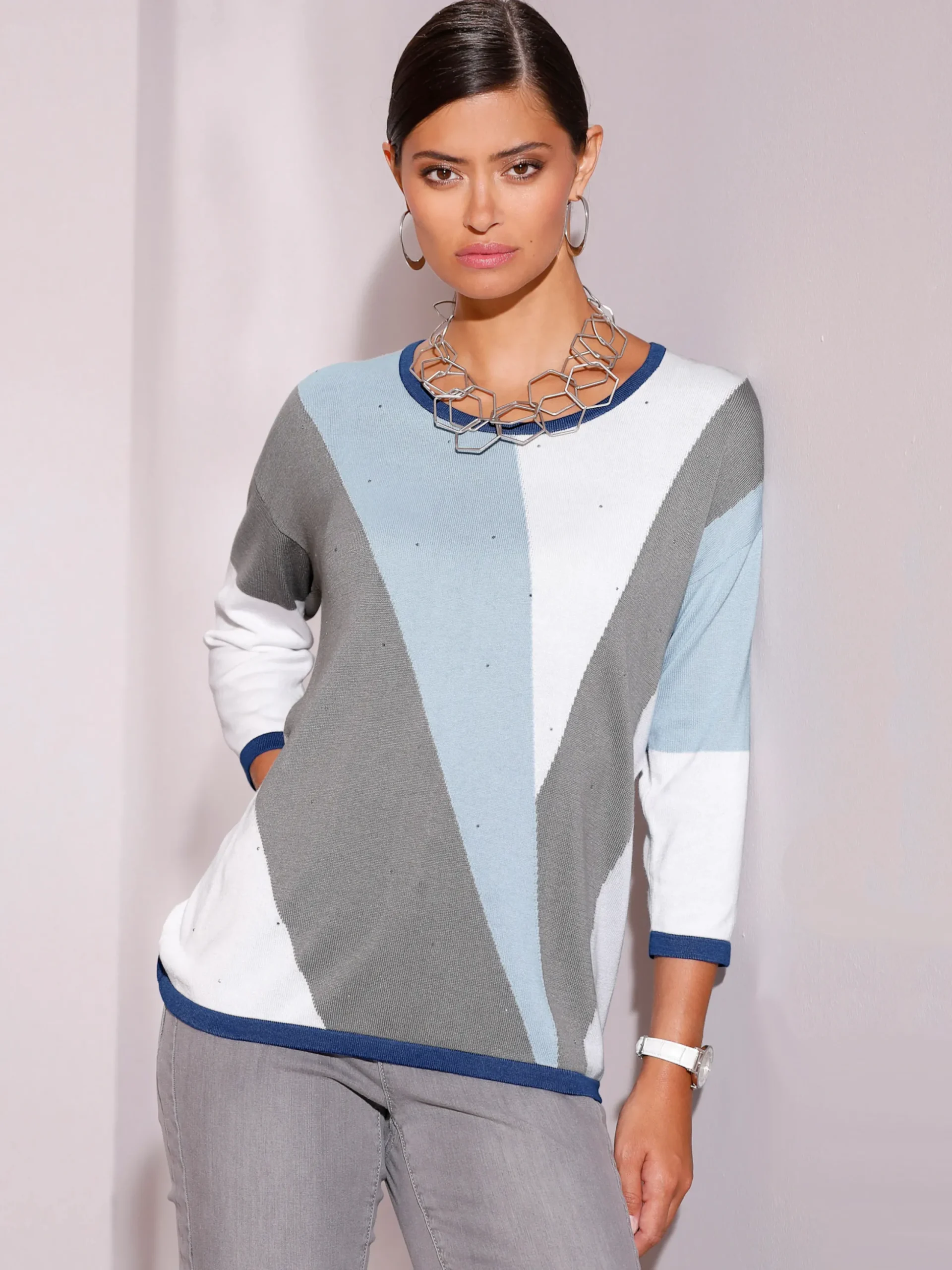 Pullover| Jacquard-Pullover mit Glitzersteinchen hellblau-ecru-gemustert