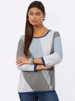 Pullover| Jacquard-Pullover mit Glitzersteinchen hellblau-ecru-gemustert