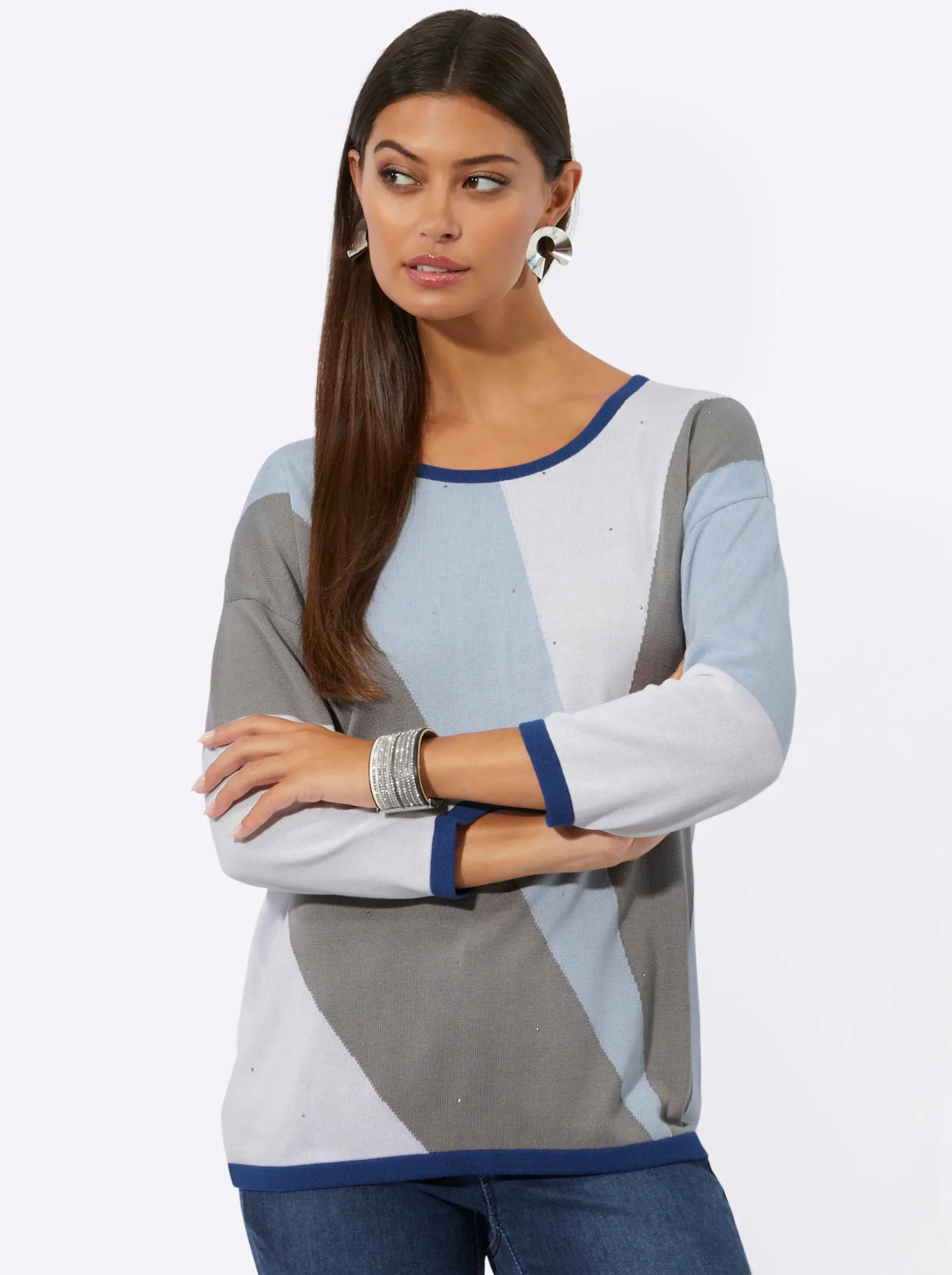 Pullover| Jacquard-Pullover mit Glitzersteinchen hellblau-ecru-gemustert