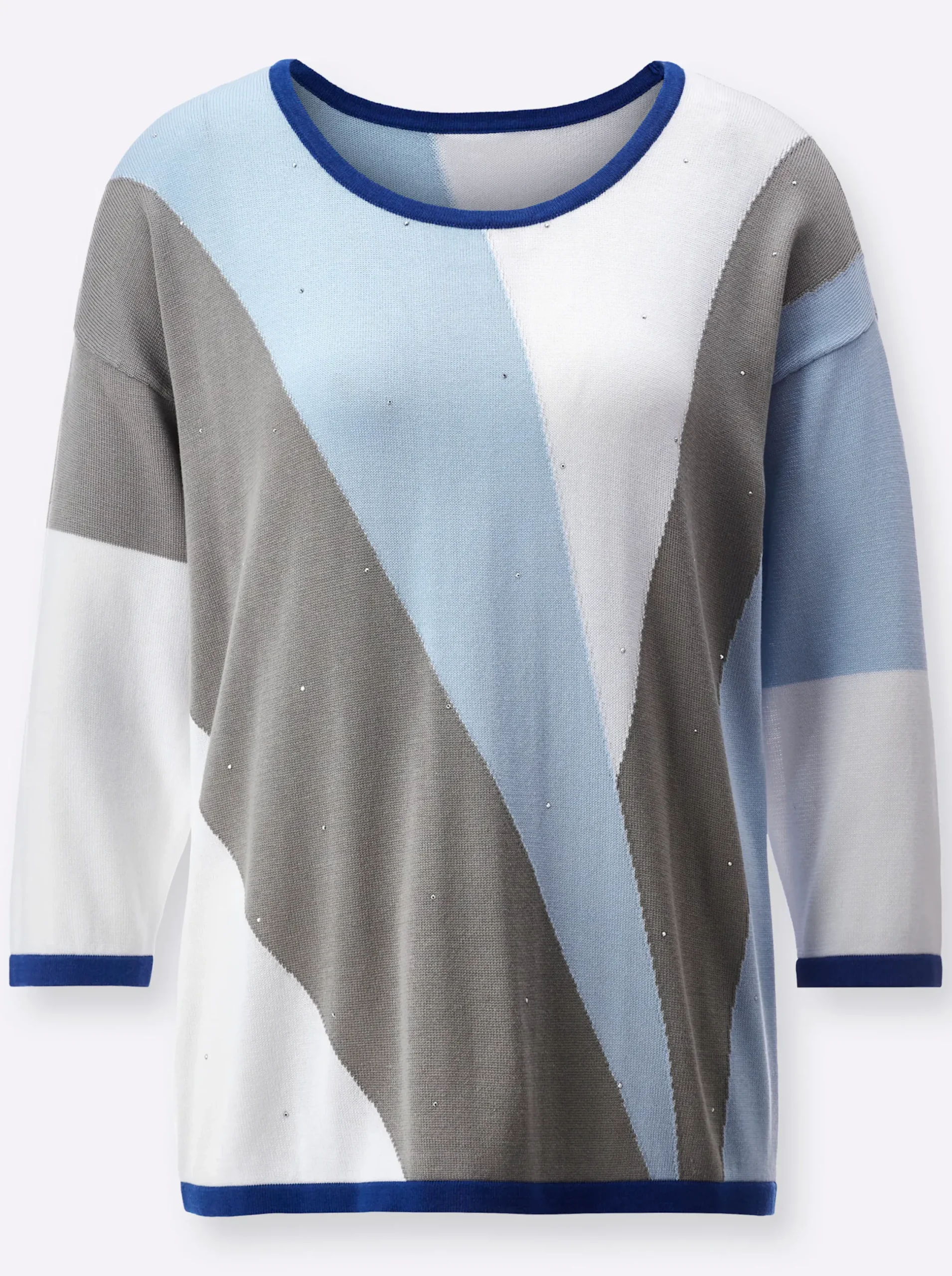 Pullover| Jacquard-Pullover mit Glitzersteinchen hellblau-ecru-gemustert